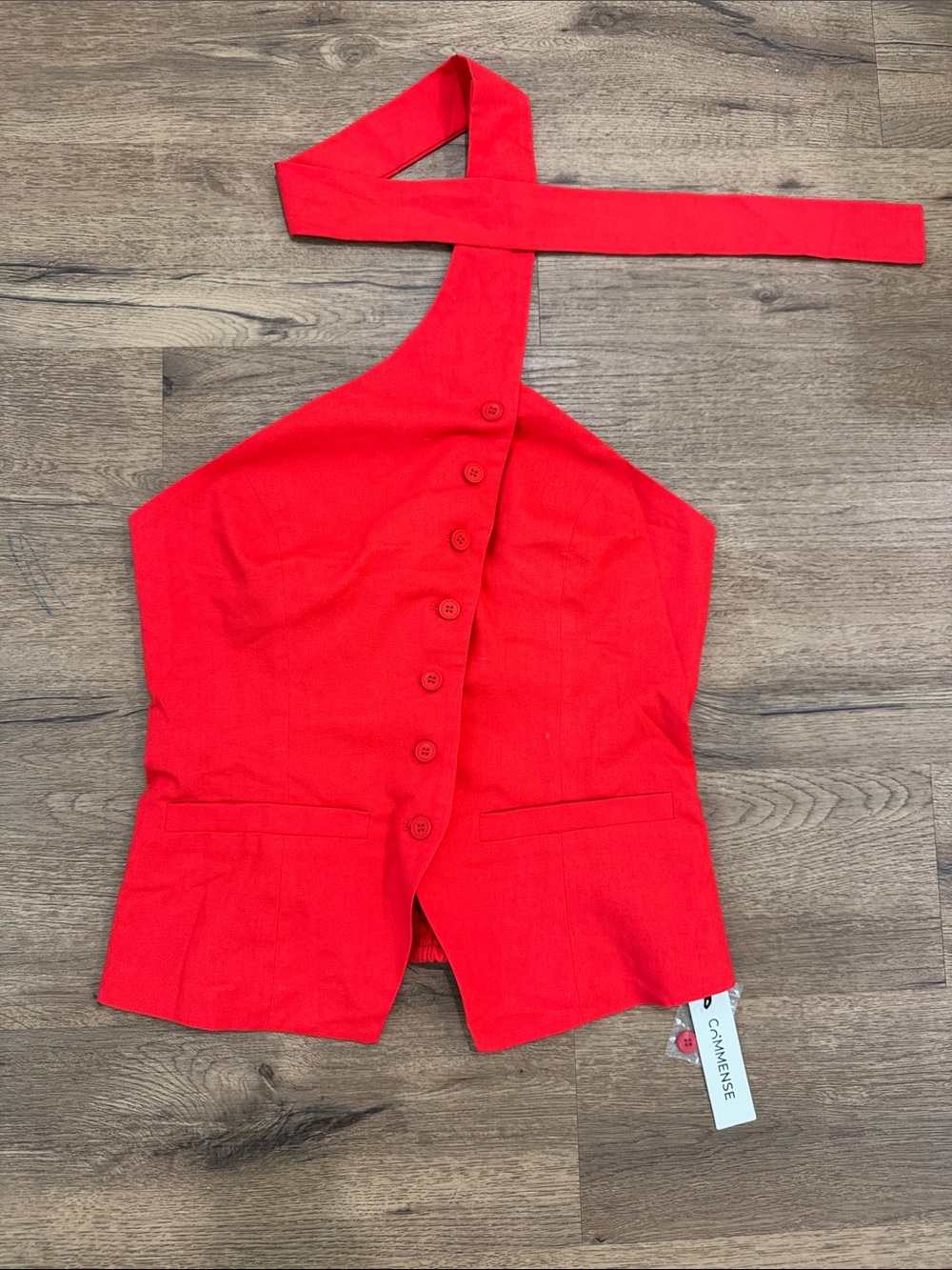 NWT Commense Vibrant Red Asymmetric Halter Button-Down Top